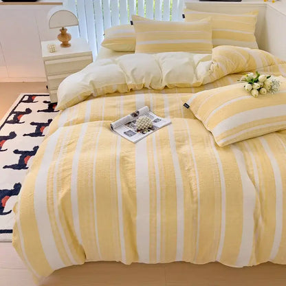 Yellow and white vertically striped cotton jacquard bedding set for bedroom decor by decorbites cotton jacquard