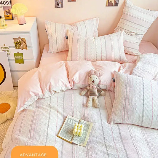 Pink and white striped cotton jacquard bedding set with soft textured fabric for stylish bedroom decor by decorbites cotton jacquard