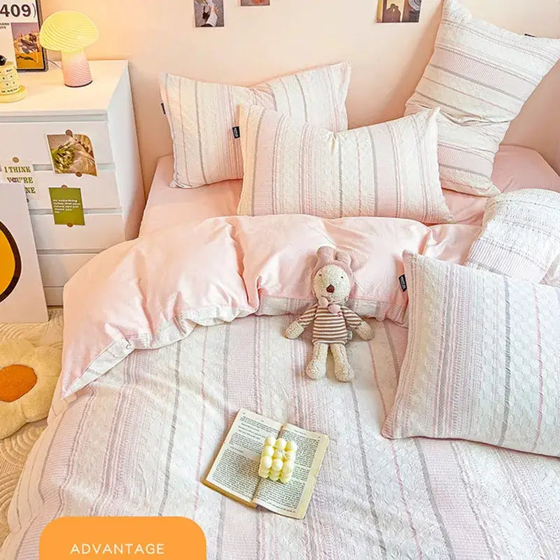 Pink and white striped cotton jacquard bedding set with soft textured fabric for stylish bedroom decor by decorbites cotton jacquard