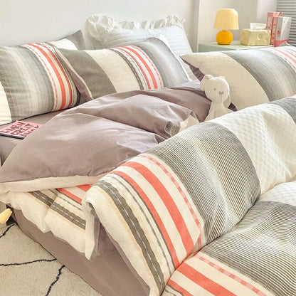 Cozy gray and coral-striped bedding set with soft textured fabric in decorbites cotton jacquard cotton jacquard bedding