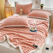 Pink and white textured cozy faux rabbit fur throw blanket with braided trim for bedroom decorbites cozy faux use