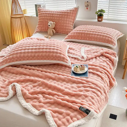 Pink and white textured cozy faux rabbit fur throw blanket with braided trim for bedroom decorbites cozy faux use