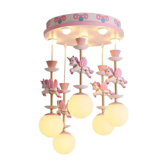 Pink and white unicorn led pendant ceiling light with golden poles and frosted glass shades for children room ceiling light