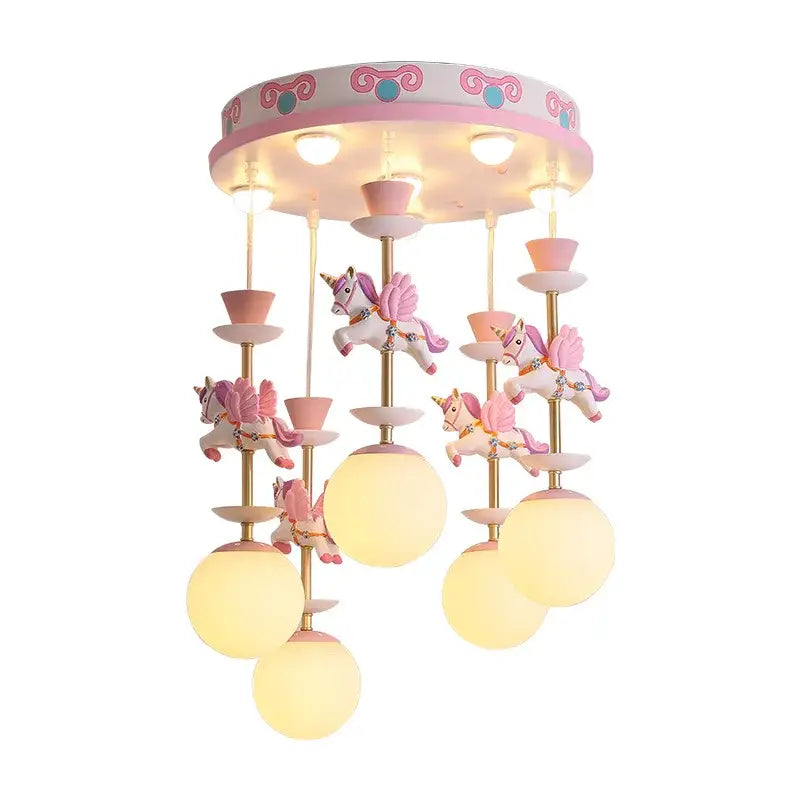 Pink and white unicorn led pendant ceiling light with golden poles and frosted glass shades for children room ceiling light
