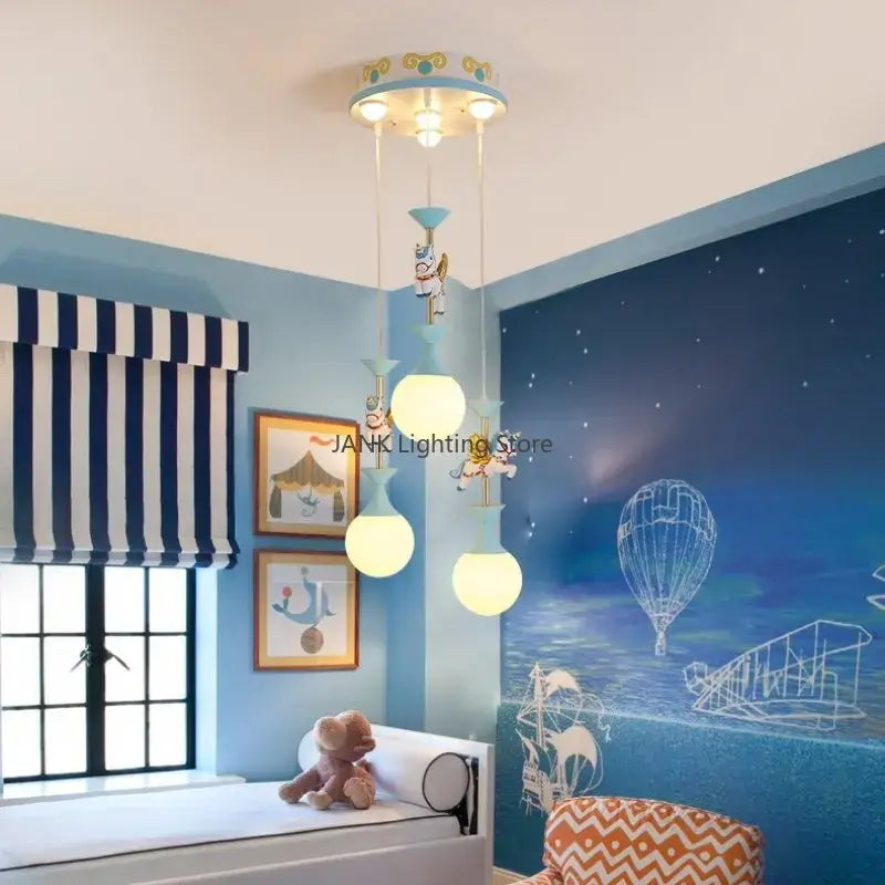 Blue and gold ornate ceiling light fixture with three spherical bulbs for children room unicorn led pendant ceiling