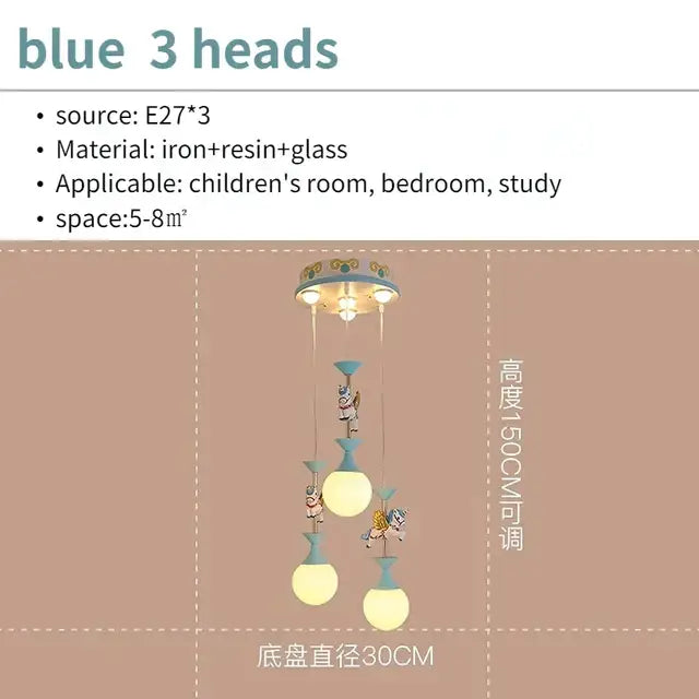 Blue three-head pendant light with iron resin glass and whimsical cartoon figures for children room ceiling light