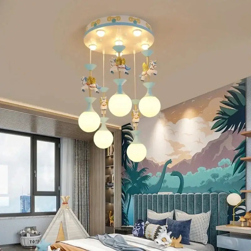 Whimsical pink and white unicorn led pendant ceiling light with blue and white patterned base and hanging carousel horse bulbs