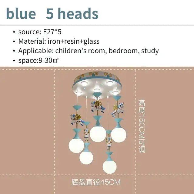 Blue ceiling light fixture with five ornate globe bulbs and iron base as unicorn led pendant ceiling light for children room