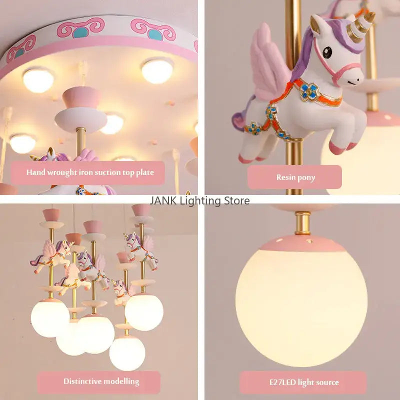 Pastel pink and white resin unicorn led pendant ceiling light with gold accents for children room ceiling light