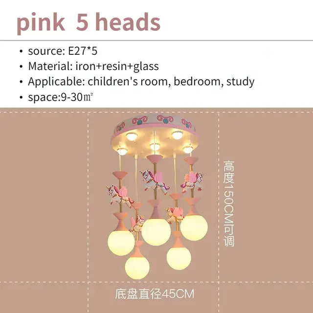 Pink and white unicorn led pendant ceiling light with iron resin glass construction and whimsical horse figurines chandelier