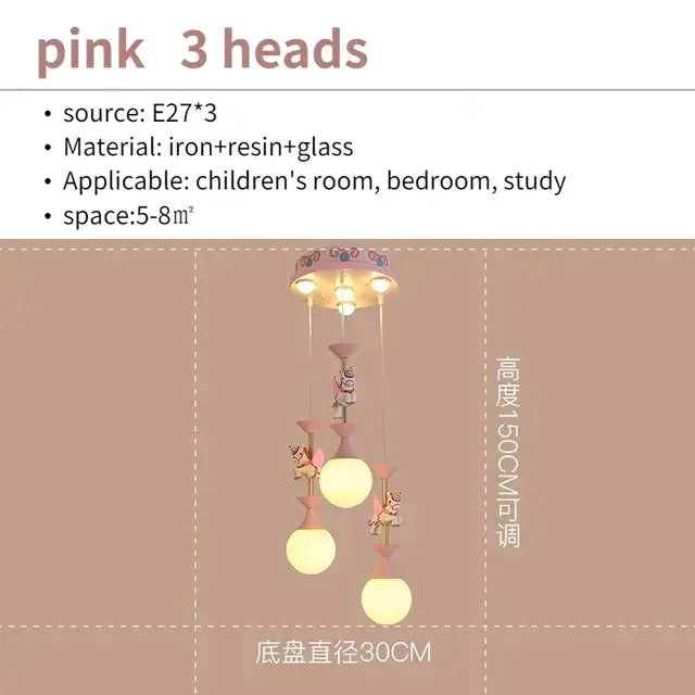 Pink and white unicorn led pendant ceiling light with iron resin glass and fairy figurines for children room ceiling light