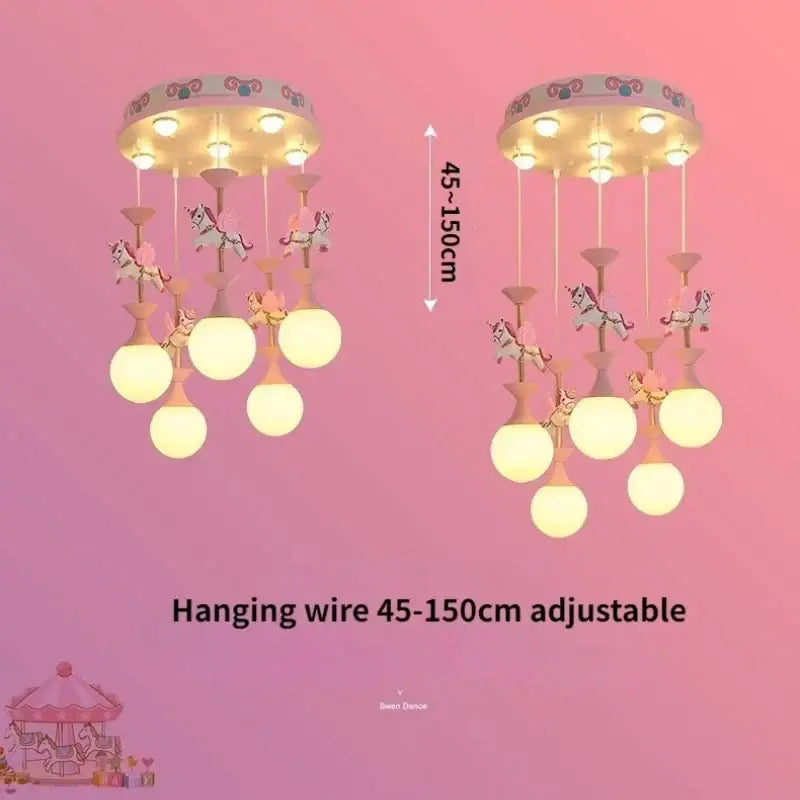 Pastel pink and white unicorn led pendant ceiling light with carousel design and dangling horse figurines for children room