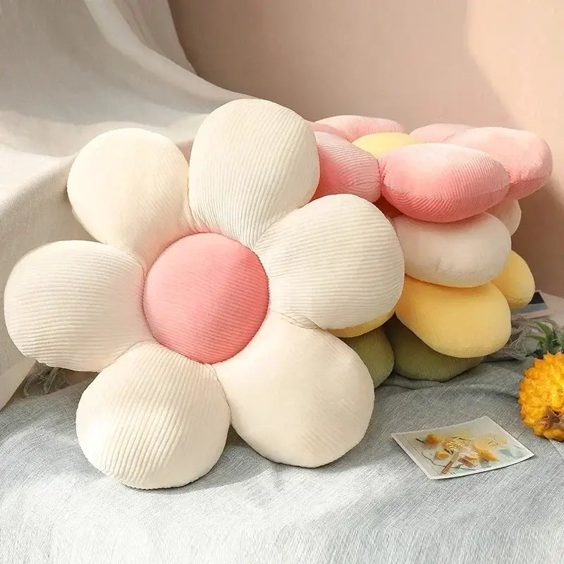 Cream-colored corduroy daisy lumbar support cushion with soft pink center for living room decorbites daisy lumbar