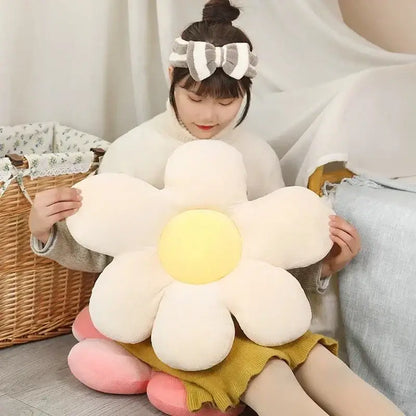 Cream-colored plush daisy lumbar support pillow with bright yellow center for decorbites daisy lumbar living room cushion