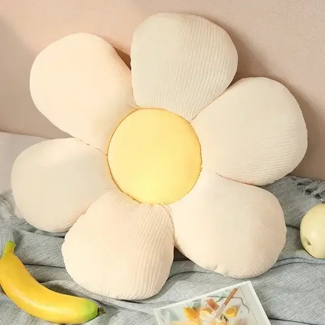 Cream-colored corduroy daisy lumbar support pillow with yellow center for living room decorbites daisy lumbar cushion