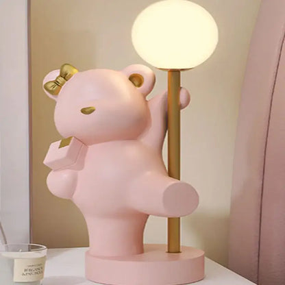 Pink bear princess desk night light with gold accents and spherical bulb decorative led lamp for bedroom use