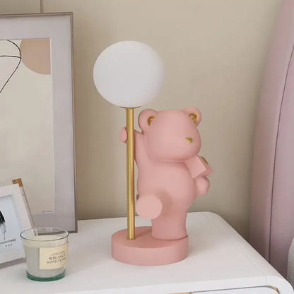 Pink bear princess desk night light with gold accents and white spherical bulb for bedroom led lamp use