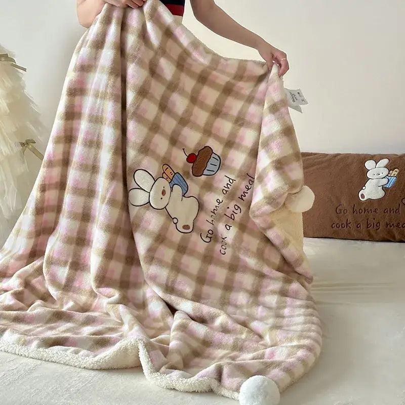 A soft pink and beige cartoon patch woolen blanket with fur balls featuring plush bunnies and cupcake decorbites cartoon patch design