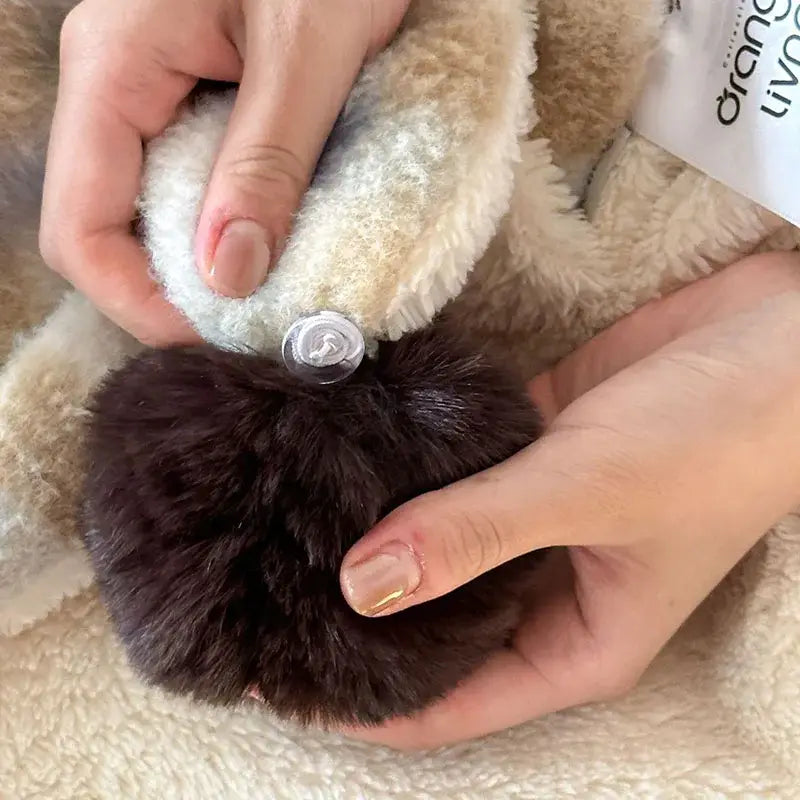 Dark brown fluffy pom-pom keychain with clear plastic button fastener for pink and beige decorbites cartoon patch woolen blanket fur balls