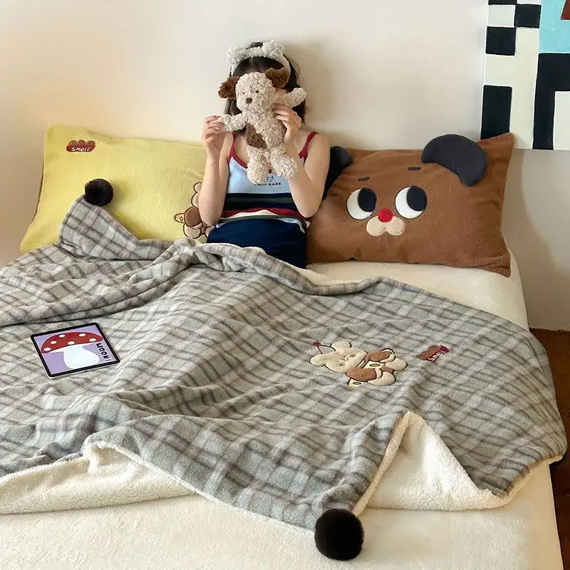 Gray and white plaid fleece blanket with plush fur balls at corners for decorbites cartoon patch woolen bedroom decor