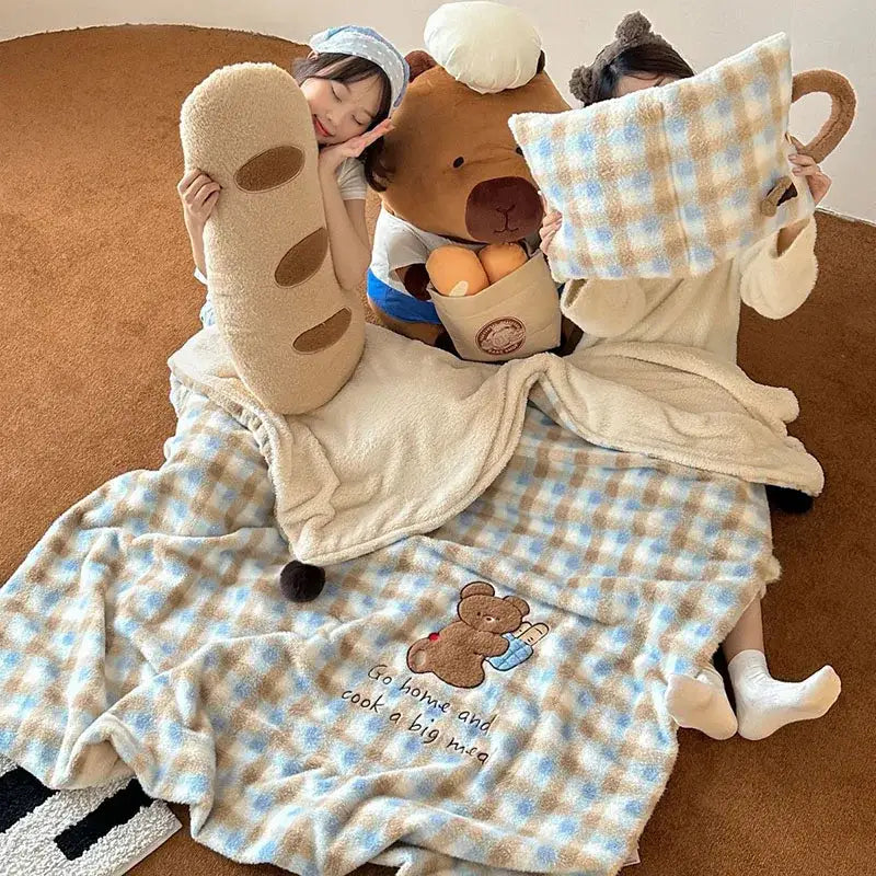 Soft beige and blue checkered cartoon patch woolen blanket with embroidered bear and fur balls for bedroom decorbites decor