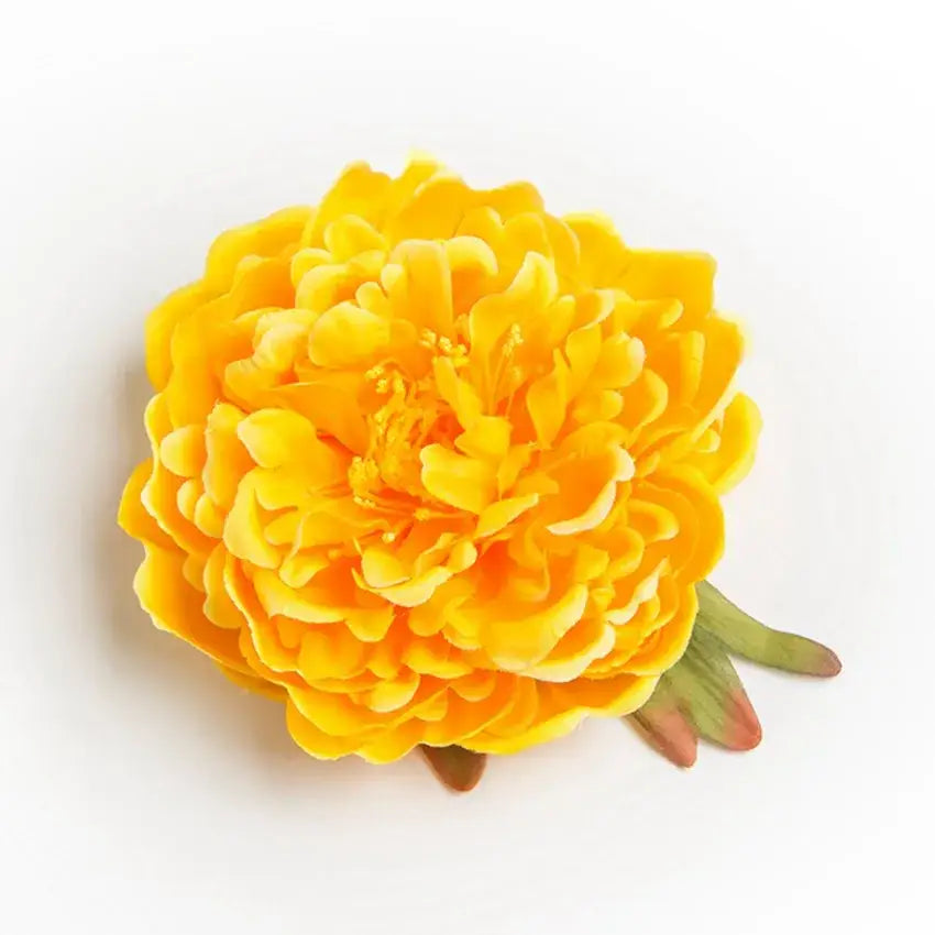 Vibrant yellow artificial flowers big peony headwear with layered petals and green stem accents for wedding decoration