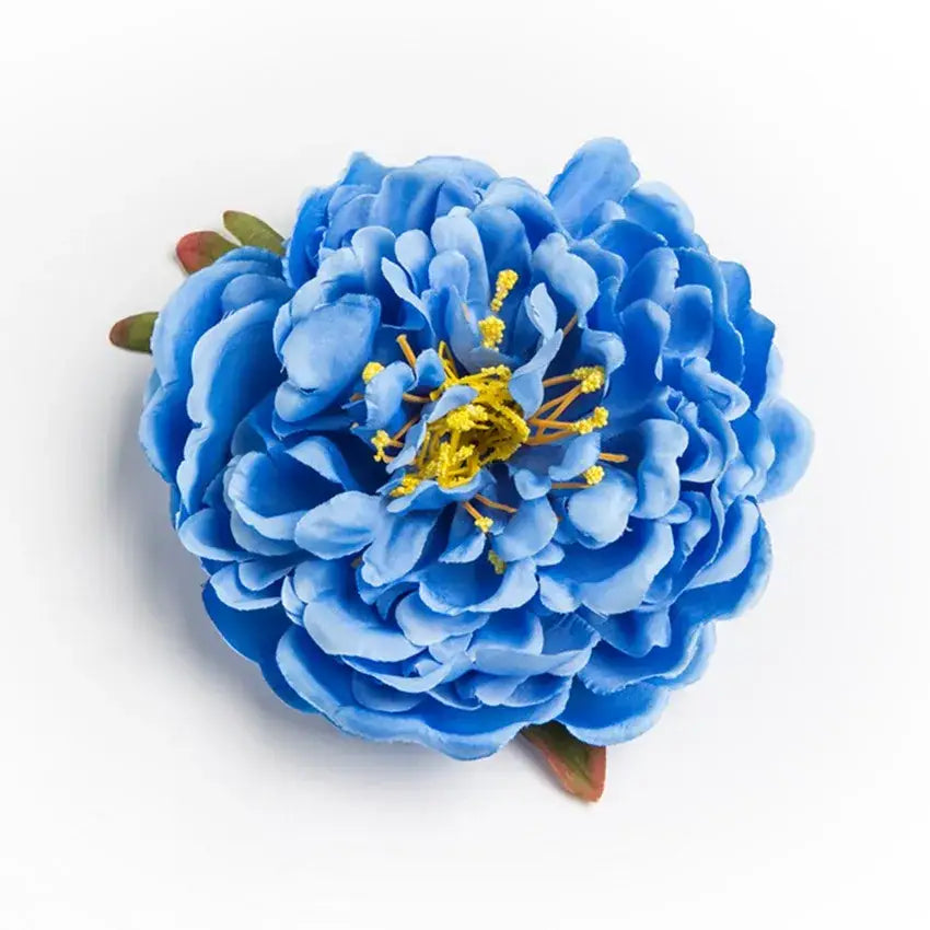 A vibrant blue big peony headwear artificial flower with layered petals and yellow center for wedding decoration