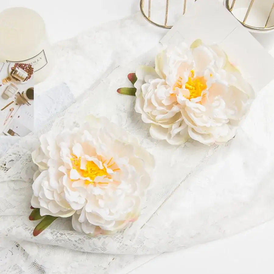 Two cream-colored peony hair clips with yellow centers and green stems for wedding decoration big peony headwear artificial flowers