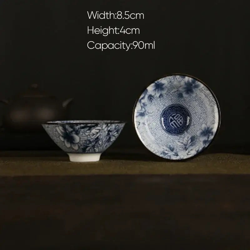 Traditional blue and white porcelain hand-painted tea bowl with floral patterns and 90ml capacity from decorbites blue dining set