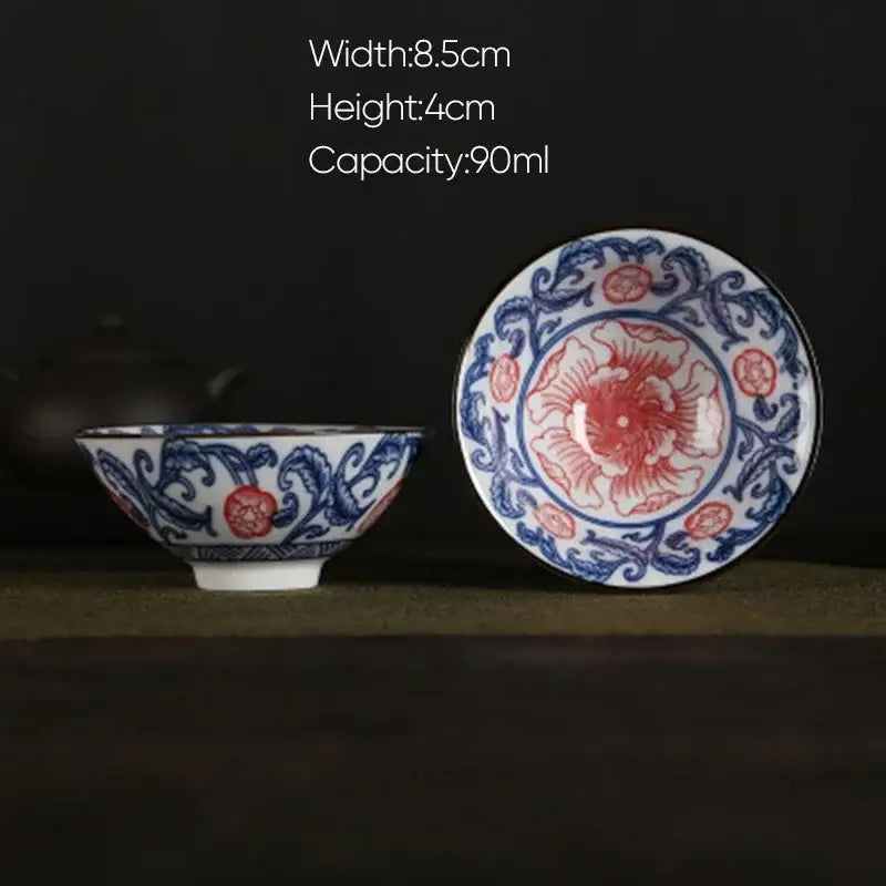 Pink and black floral white porcelain hand-painted tea bowl and saucer with decorbites blue floral patterns for dining room decor