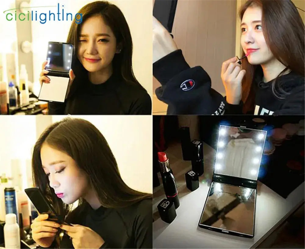 Black vanity mirror compact with built-in led vanity mirror lights for bedroom makeup tool Pink & black led vanity mirror compact bedroom makeup tool