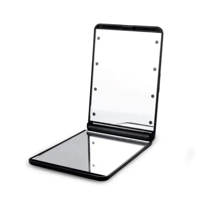 Black foldable led vanity mirror with lights along the frame for compact bedroom makeup use