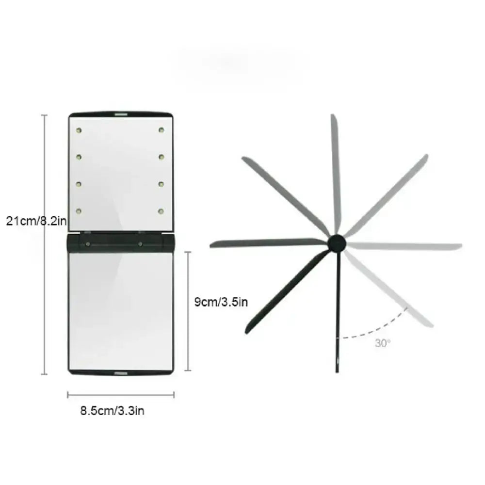 Black-framed foldable led vanity mirror with integrated lights and adjustable arm for versatile angle positioning