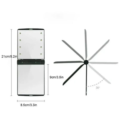 Black-framed foldable led vanity mirror with integrated lights and adjustable arm for versatile angle positioning