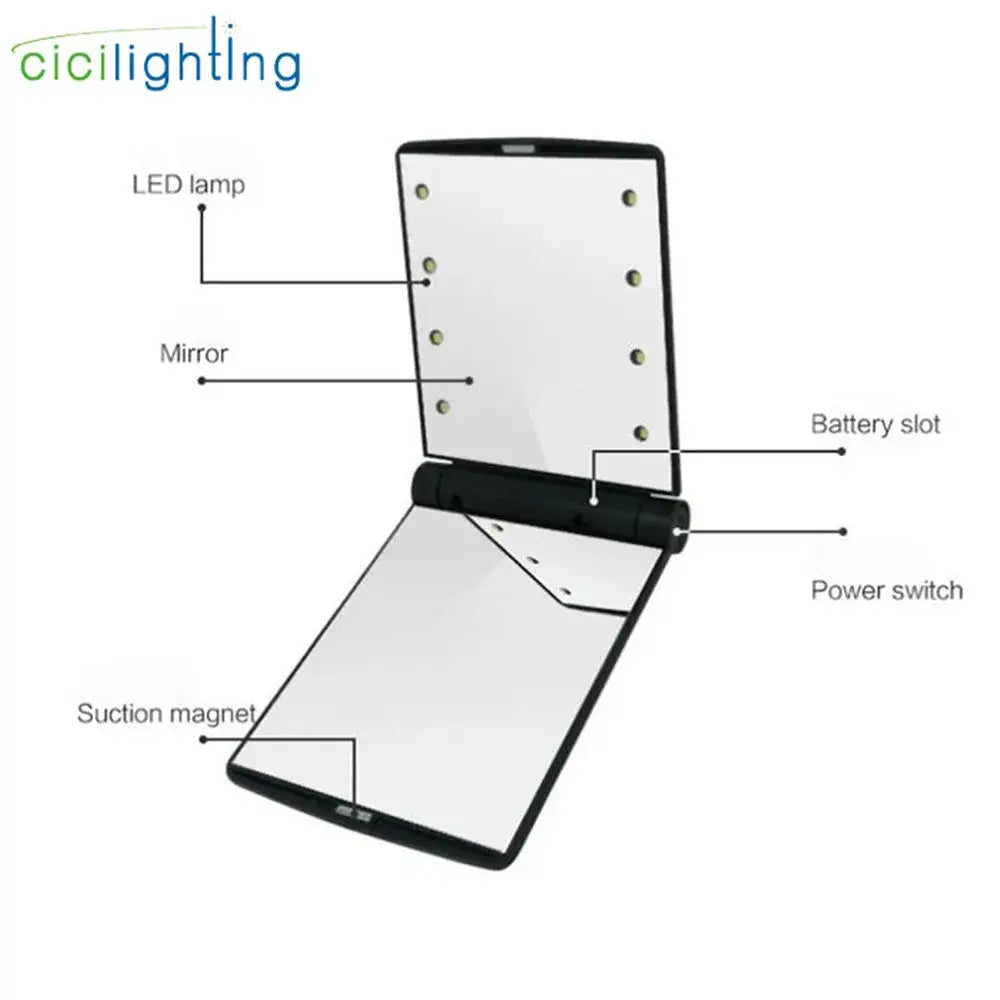 Black-framed foldable led vanity mirror compact with edge lights for bedroom makeup in pink and black design