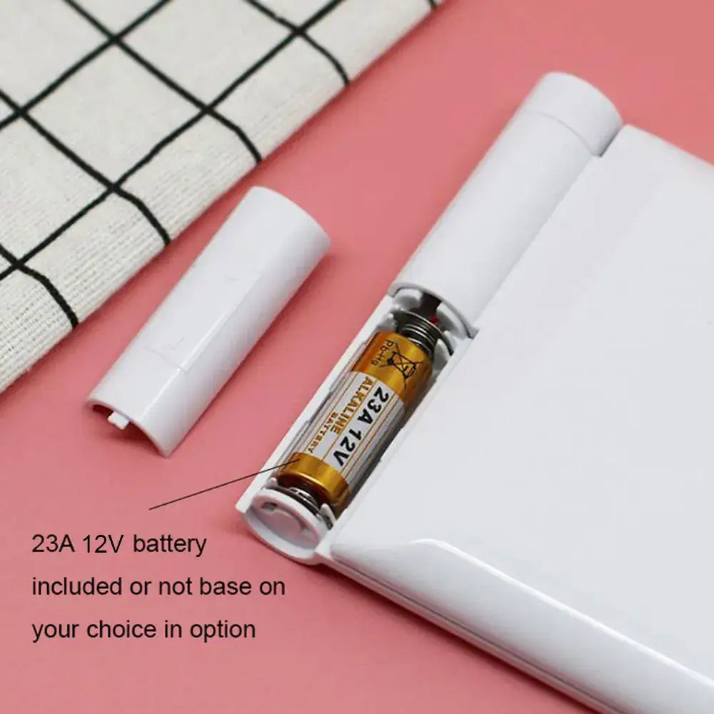 White rectangular electronic battery compartment with 23a 12v battery for pink and black led vanity mirror compact