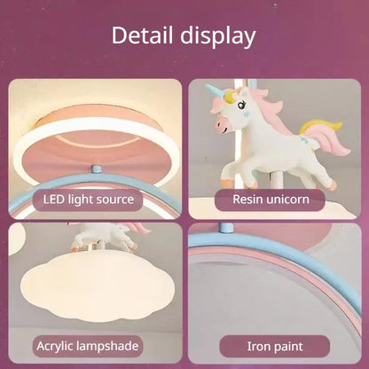 Pastel pink and blue circular led ceiling light with resin decorbites cloud unicorn on cloud unicorn cartoon shade