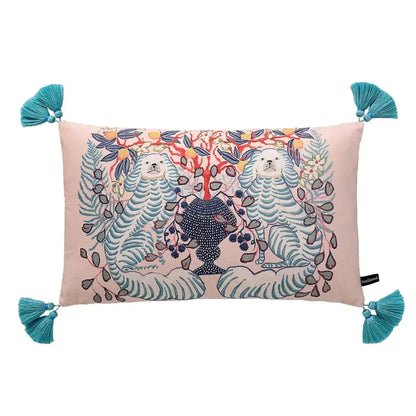 Pink and blue lion dog lumbar pillow cover with embroidered white tigers teal stripes foliage and turquoise tassels