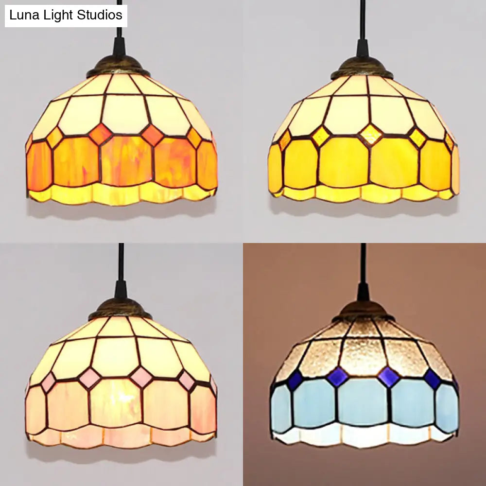 Pink/Blue/Orange Stained Glass Hemisphere Pendant Light - Tiffany-Style Suspension Lamp