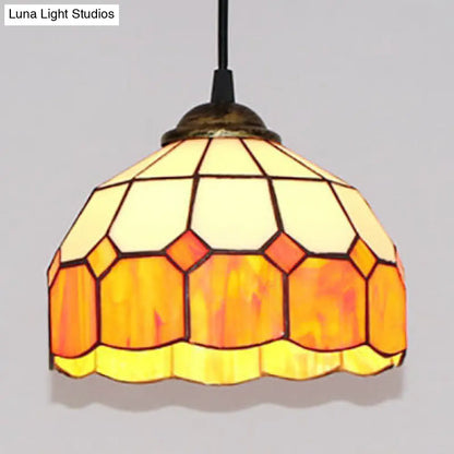 Pink/Blue/Orange Stained Glass Hemisphere Pendant Light - Tiffany-Style Suspension Lamp