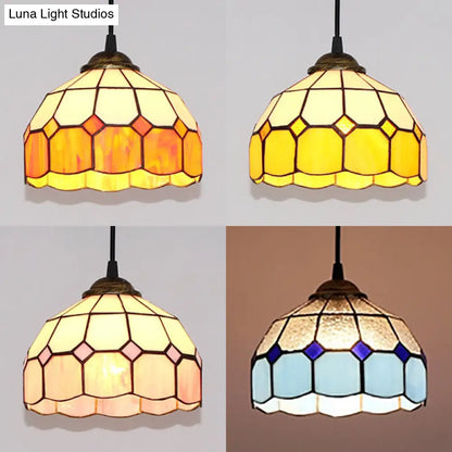 Pink/Blue/Orange Stained Glass Hemisphere Pendant Light - Tiffany-Style Suspension Lamp