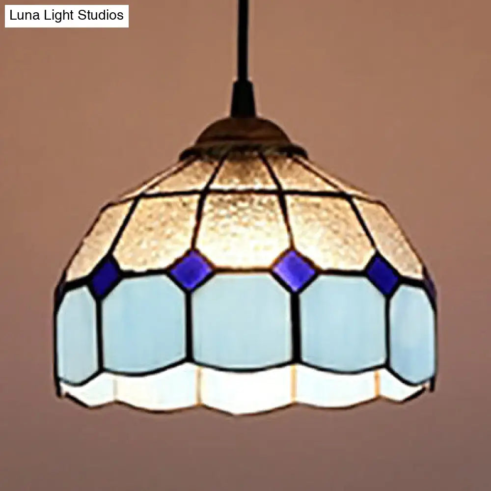 Pink/Blue/Orange Stained Glass Hemisphere Pendant Light - Tiffany-Style Suspension Lamp