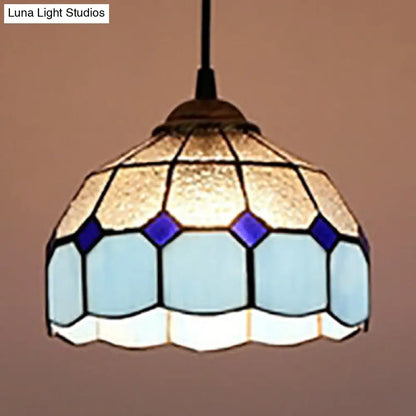 Pink/Blue/Orange Stained Glass Hemisphere Pendant Light - Tiffany-Style Suspension Lamp