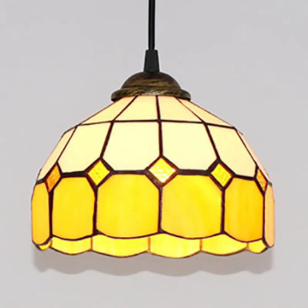 Pink/Blue/Orange Stained Glass Hemisphere Pendant Light - Tiffany-Style Suspension Lamp