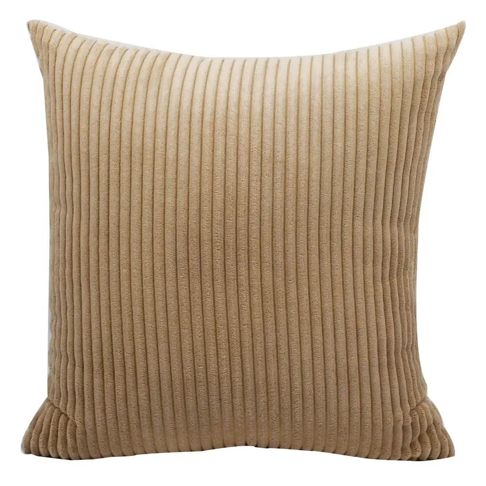 Beige decorbites corduroy pillow with vertical ribbed texture complementing pink and blue striped corduroy pillow cover decor