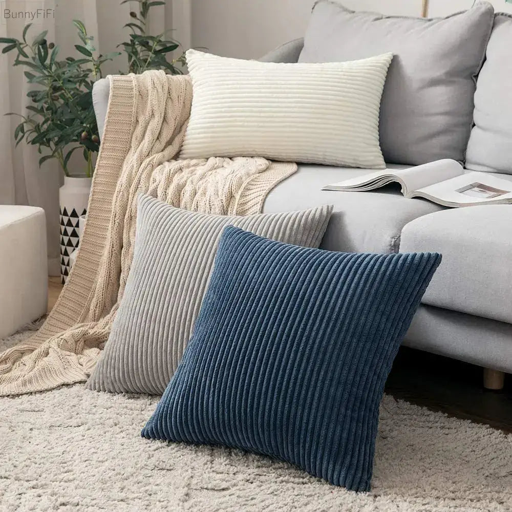 Blue corduroy throw pillow with ribbed texture and corduroy pillow cover by decorbites for living room decor