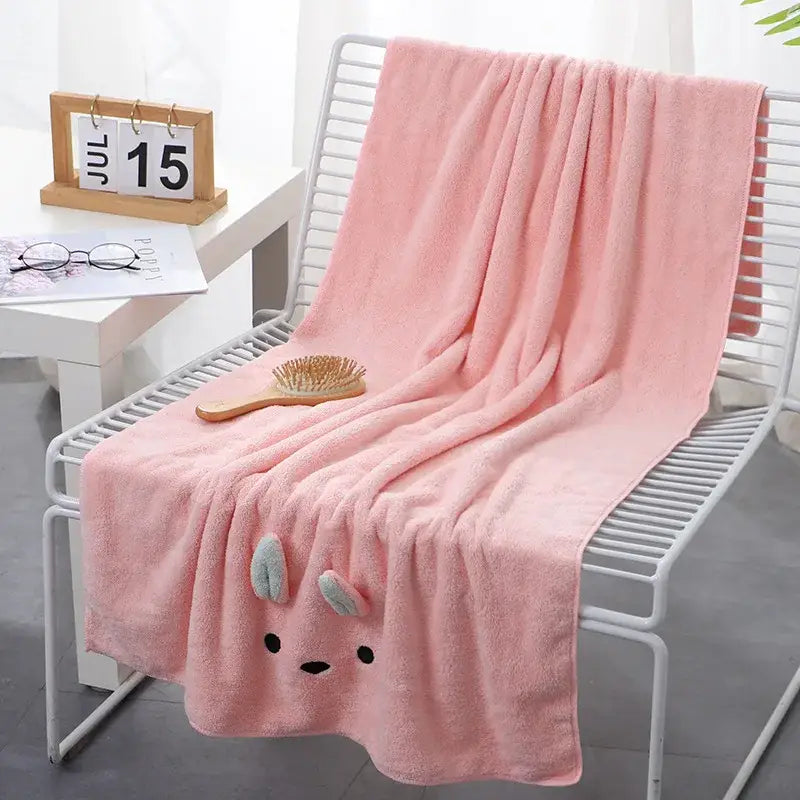 Pink bunny face towel cartoon soft hand decorbites cartoon soft in soft pink with light blue ears and black embroidered eyes