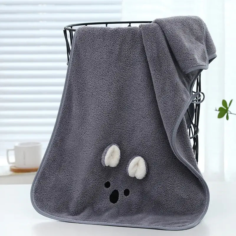 Gray plush face towel with white fluffy ears and black embroidered eyes decorbites cartoon soft hand for bathroom decor