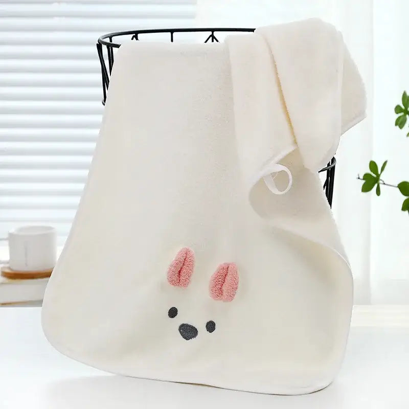 Off-white plush face towel with embroidered pink bunny face featuring decorbites cartoon soft hand design for bathroom decor