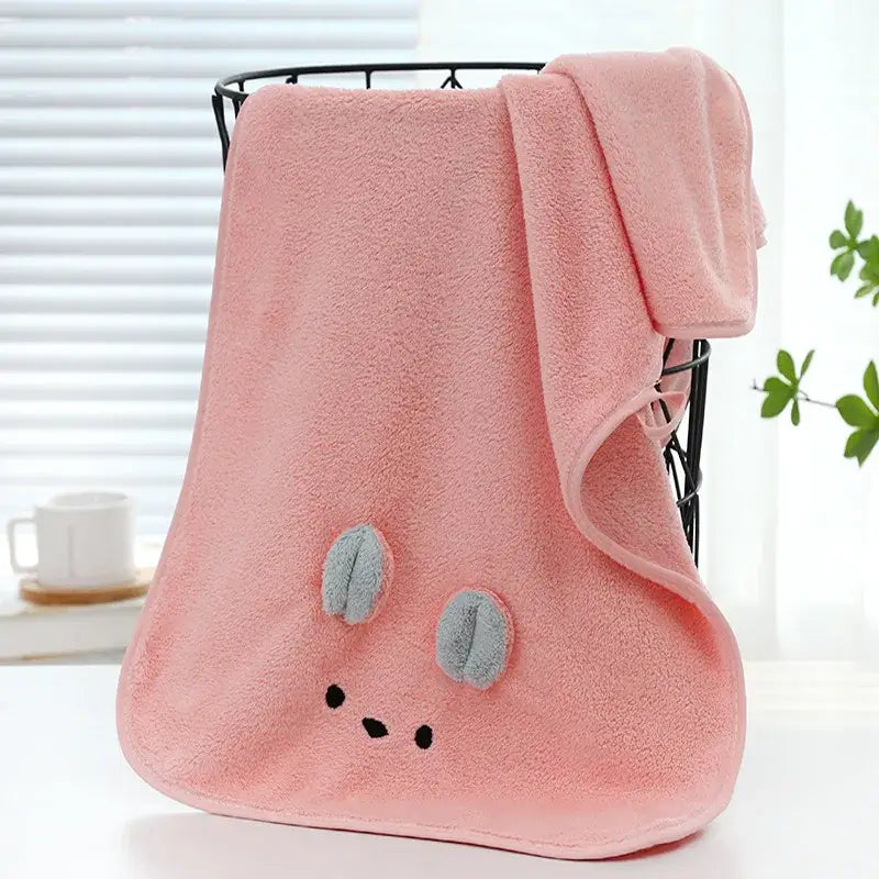 Pink bunny face towel cartoon soft hand decor in plush fabric with embroidered gray ears and black dot eyes